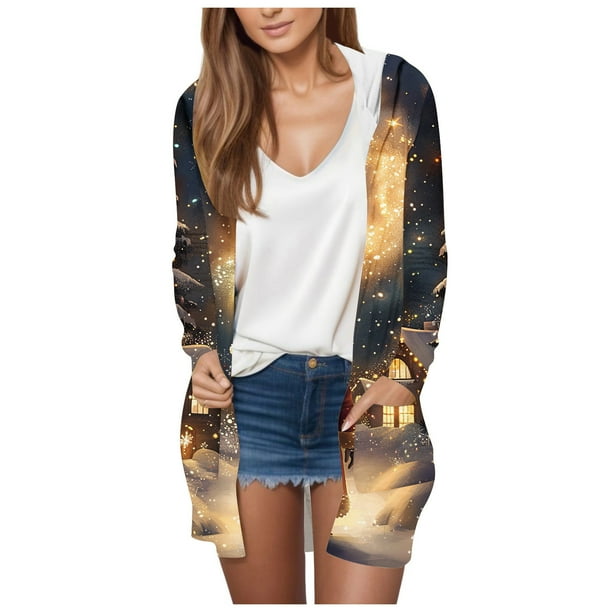 Cárdigan para mujer, blusa informal de manga larga con estampado y bolsillo, cárdigan con capucha, abrigo holgado de algodón de imitación para mujer