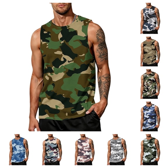gzxflxpge Men's Tank Tops Gym Workout Athletic Crewneck Sleeveless Casual Camo T Shirts Summer Print Loose Fit Clothes Army Green XL
