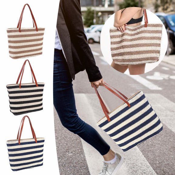 CAIXIA Large Striped Straw Braided Beach Tote Bag Oversized Storage Shoulder Handbag For Outdoor Travel