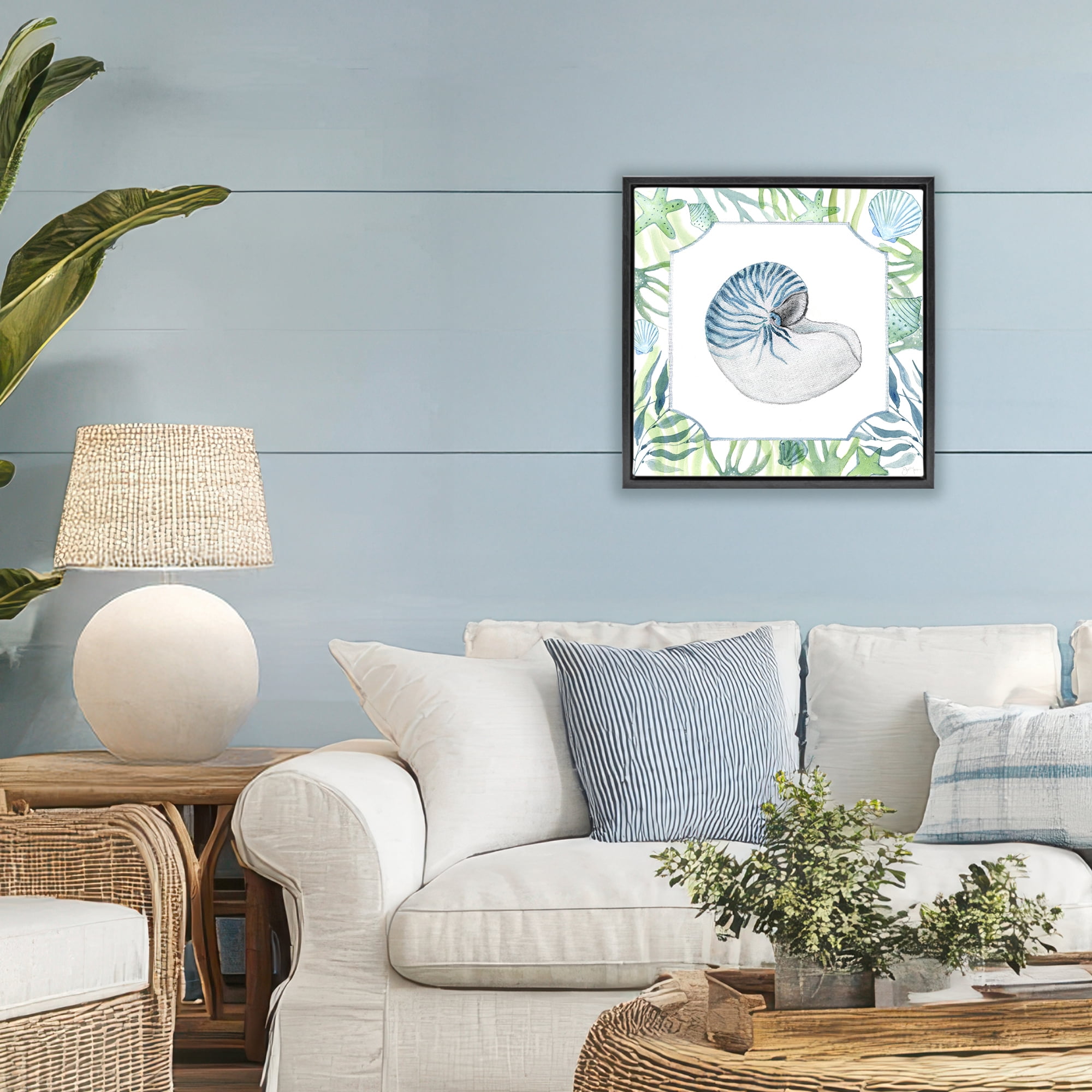 Stupell Industries Seaweed & Seashells Aquatic Black Framed Floater Canvas Wall Art, design by Janet Tava