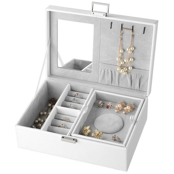 Boîte à Bijoux pour Femmes en Similicuir, Organisateur de Rangement et Vitrine avec Miroir pour Boucles d'Oreilles, Bagues, Colliers