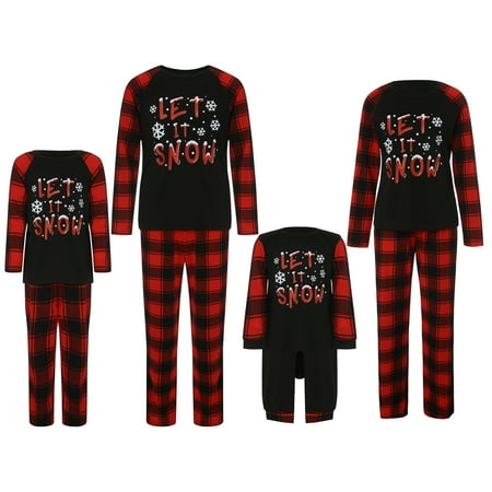 

Biekopu Christmas Pajamas for Family Snowflake Letter Plaid Long Sleeve Round Collar Sleepwear/Jumpsuit for Mother/Father/Kid/Baby