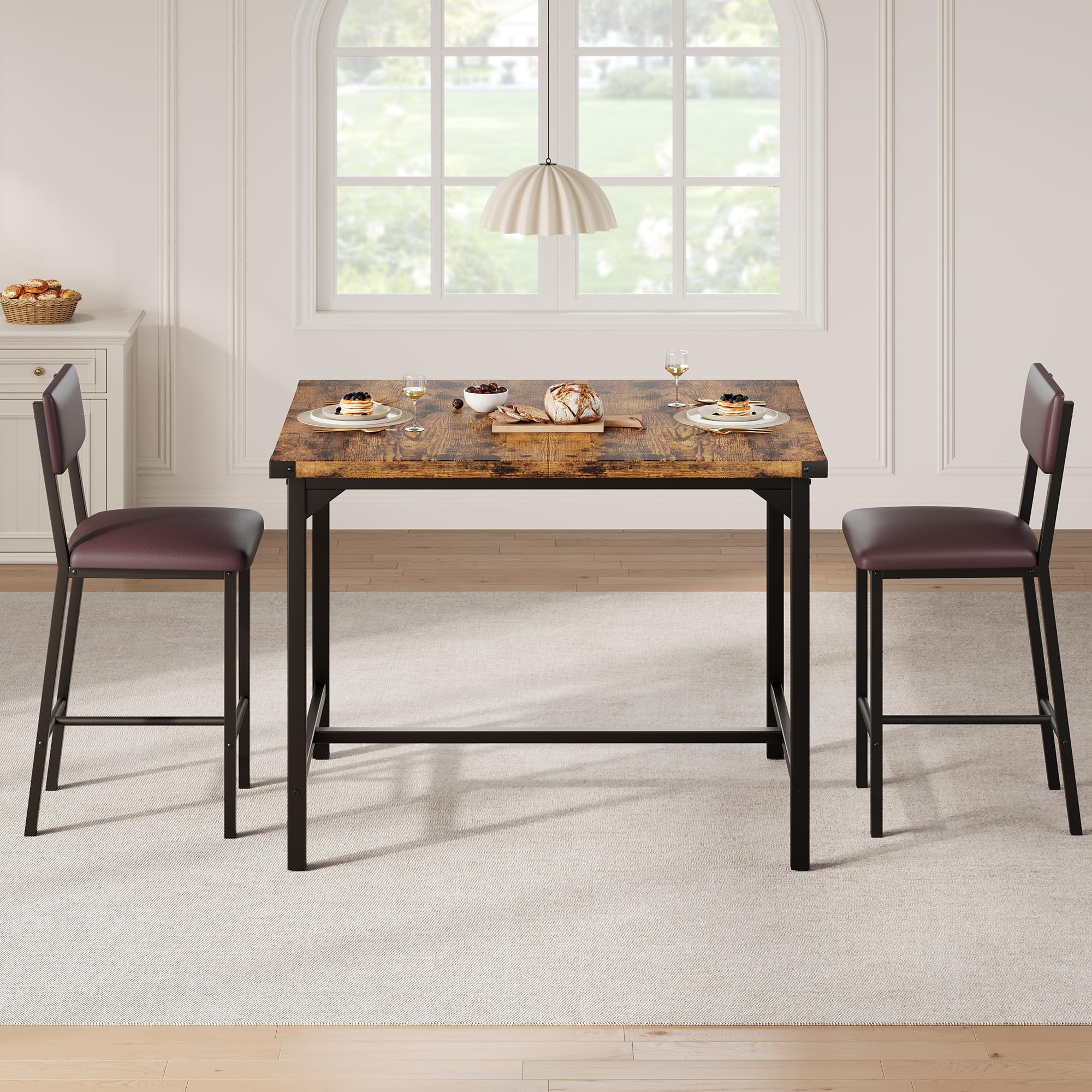 Huisuilinss Dining Table Set For 2,3-Piece Kitchen Table Set,Counter Height Kitchen Table With 2 Upholstered Chairs,Wood Dining Table Set With Footrest & Corner Protector For Apartment Pub