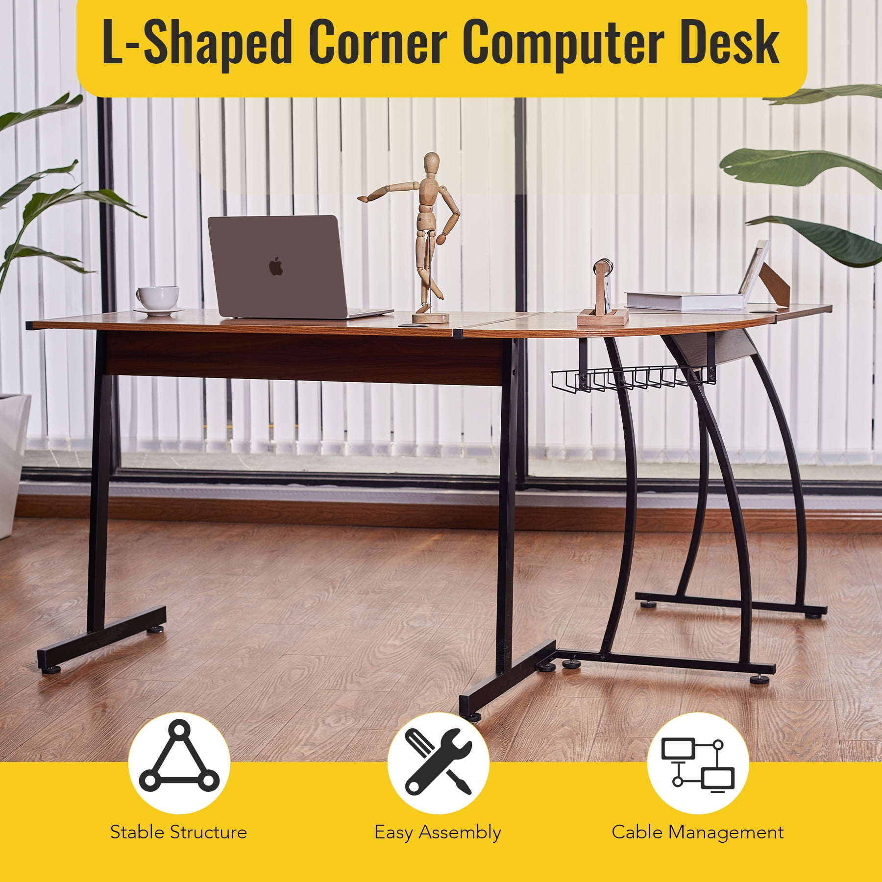 L Shaped Computer Corner Desk Gaming Desk with Cable Management, Walnut