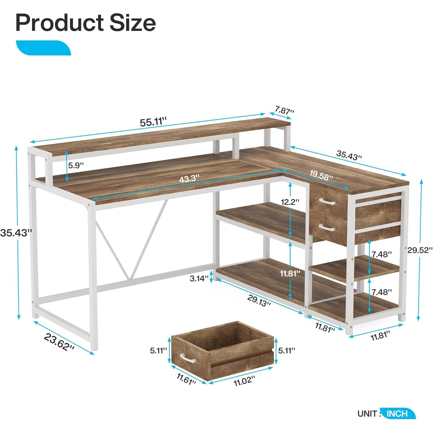 55" x 24" L Shaped Corner Desk With Drawers, Storage Shelves & Monitor Stand, Oak Home Office Gaming Study Computer Table For Small Space