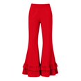 thumbnail image 4 of Women's High Waist Double Tier Ruffle Hem Flare Pants, Soft Bell Bottom Trousers with Pockets, Stretchy Casual Wide Leg Lounge Pants for Daily Wear Red S, 4 of 4