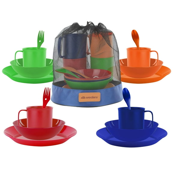Wealers Camping Mess Kit, 16-Piece Dinnerware Set with Sporks, Plates, Bowls and Mugs, 4 Person Backpacking Lunch Gear with Mesh Travel Bag, 4 Colors, BPA Free Tableware
