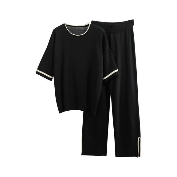 UYISJ 2 Piece Outfits for Women Casual Ribbed Knitted Loose Fit Short Sleeve Top and Solid Color Wide Leg Pants Casual Dressy Loose Fit Outfits