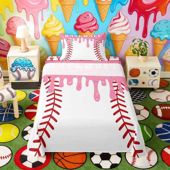 Erosebridal Pink Drippy Baseball Print Twin Sheet Sets, Sports Monogram Bedding for Kids Boys and Girls, 1 Flat Sheet, 1 Fitted Sheet and 1 Pillowcase