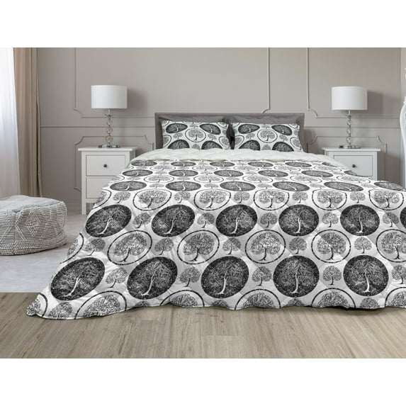 Tree of Life Comforter & Sham Bedding Set, Stamp Style Tree Branches Pattern İnside Circle Frame Botanical Sketch Art, 3 pcs Duvet Set Microfiber Filling Quilt, 5 Sizes, Black White, by Ambesonne