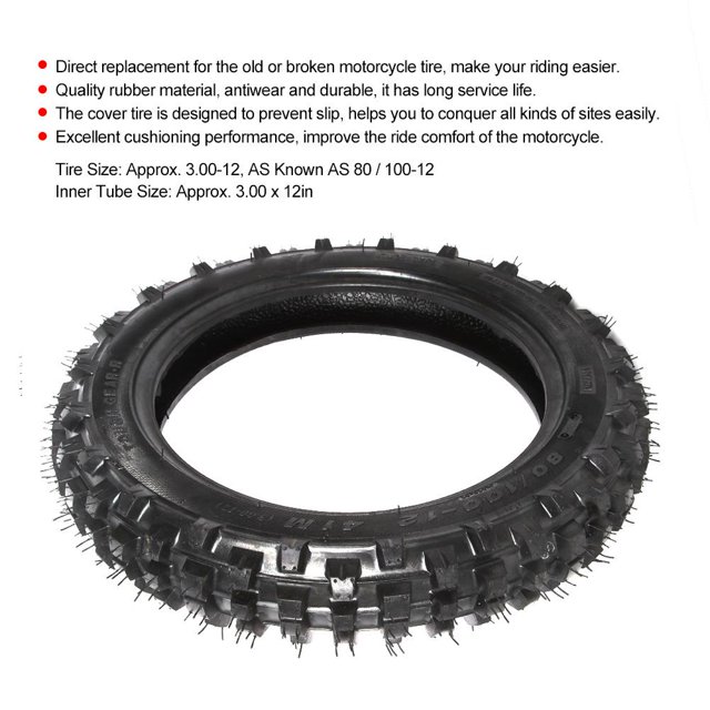 Ccdes Motorcycle Tire Replacement,3.00-12 80/100-12 Motorcycle Rubber Tire Inner Tube Set Fits for Pit Dirt Bike M TR20
