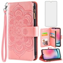Compatible with Samsung Galaxy A24 4G/5G Wallet Phone Case and Tempered Glass Screen Protector Flower Faux Leather Flip Credit Card Holder Stand Zipper Cell Cover for A 24 24A Lte Women Pink