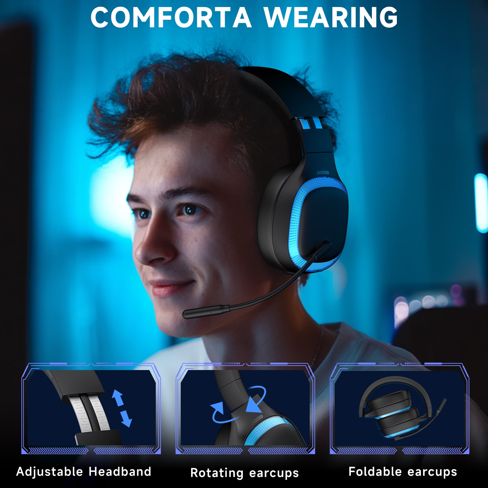 Ecomoment Wireless Gaming Headset for PS5, PC,Switch,Mac with Bluetooth 5.4, 2.4GHz USB PS5 Headset with Mic,Gaming Headphones with RGB Light, 70H Battery Life,Black-Blue