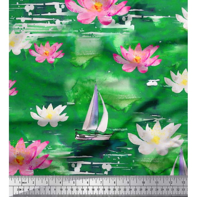 Soimoi Green Poly Georgette Fabric Yacht & Lotus Flower Decor Fabric Printed BTY 52 Inch Wide