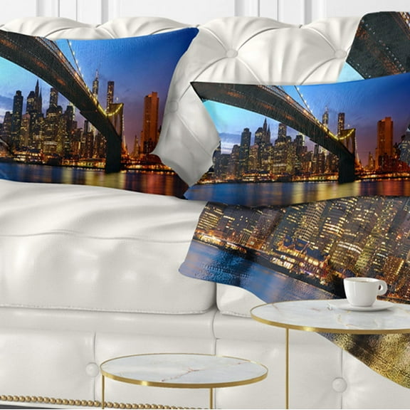 Designart Manhattan City with Bridge under Blue Sky - Cityscape Throw Pillow - 12x20