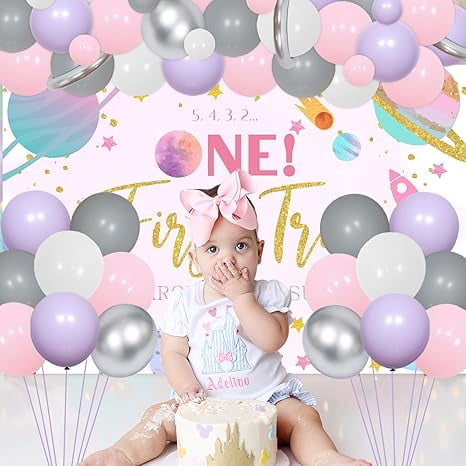 First Trip Around The Sun Birthday Party Decorations for Girls 1st Birthday Supplies First Trip Around The Sun Backdrop Space Pink Balloon Arch Kit for Space Themed Baby Shower Party Decor