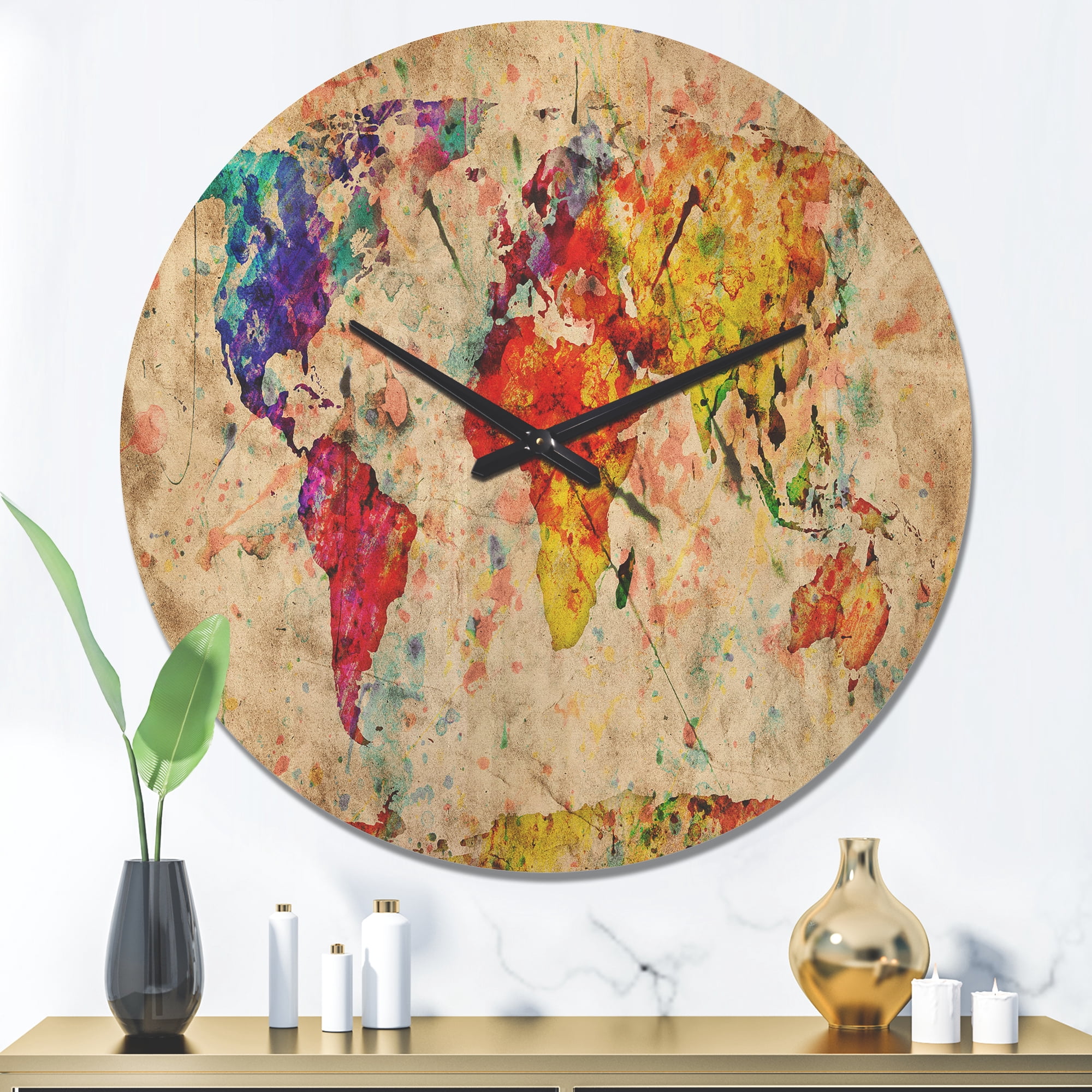 Designart 'Traditional World Map Watercolor ' Modern Wood Wall Clock