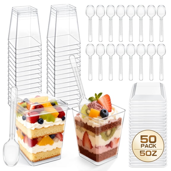 BUSATIA 50 Pack 5 oz Plastic Dessert Cups with Lids, Yogurt Parfait/Appetizer Cup with Lids for Party, Mini Dessert Cups with Spoons Dessert Shooter Cups for Pudding, Fruit and Ice Cream