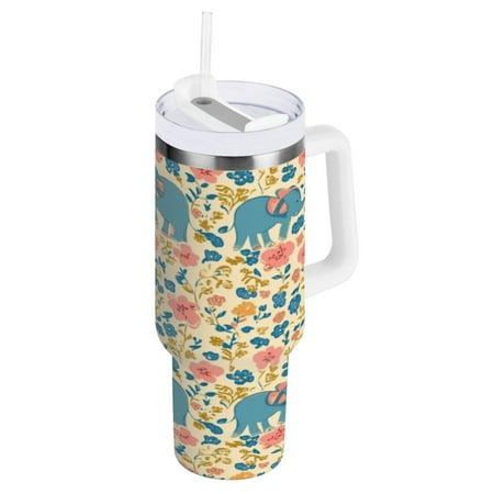 

40 Oz Car Handle Water Cup 10.8x3.85 Inch Stainless Steel Water Cup With Handle Water Cup Car Water Cup Travel Coffee Cup Cute Blue Cartoon Elephant
