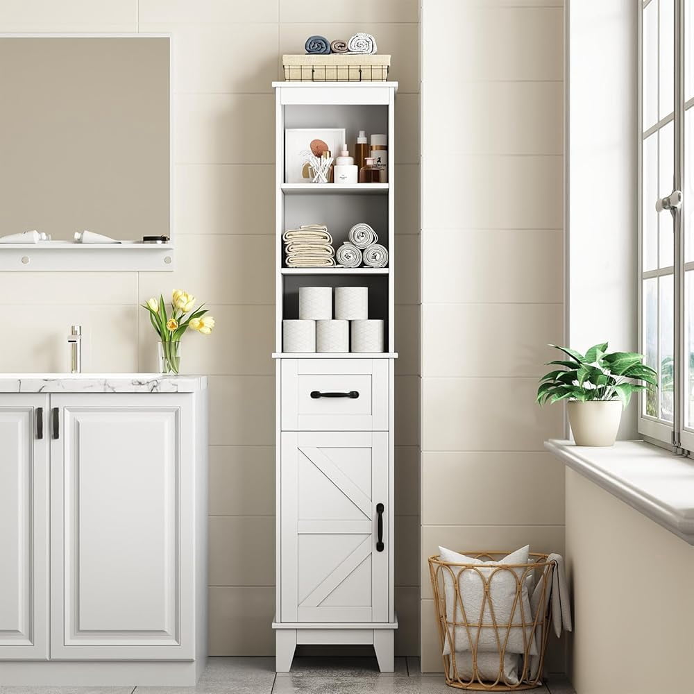 IDEALSOUL Tall Bathroom Storage Cabinet, Narrow Bathroom Storage, Freestanding Linen Cabinet with Barn Door and Drawer, White