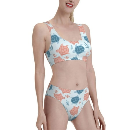 Uemuo Sea Turtle Printed Women s High Waisted Bikini Sets Sporty Two Piece Swimsuits Color Block Cheeky High Cut Bathing Suits-Large