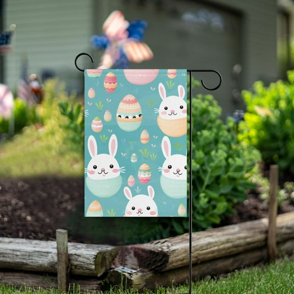 Rabbits Easter Eggs Garden Flag Double Sided Outdoor Banners for Courtyard Outdoor Lawn Farmhouse Holiday Decorations