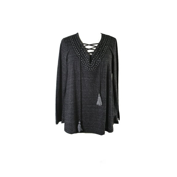 Style & Co Grey Lace-Up Long-Sleeves Embroidered Top  L