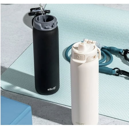 Ello Pop & Fill 22oz. 2-Pack Stainless Steel Water Bottle with Leak Proof Locking Lid ,Dunes/Charcoal Color