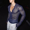 thumbnail image 5 of Fwqbns Men's Long Sleeve Solid Color Button Down Shirt Semi-sheer Round Neck Fashion Top for Casual Parties Nightclubs Blue, 5 of 6