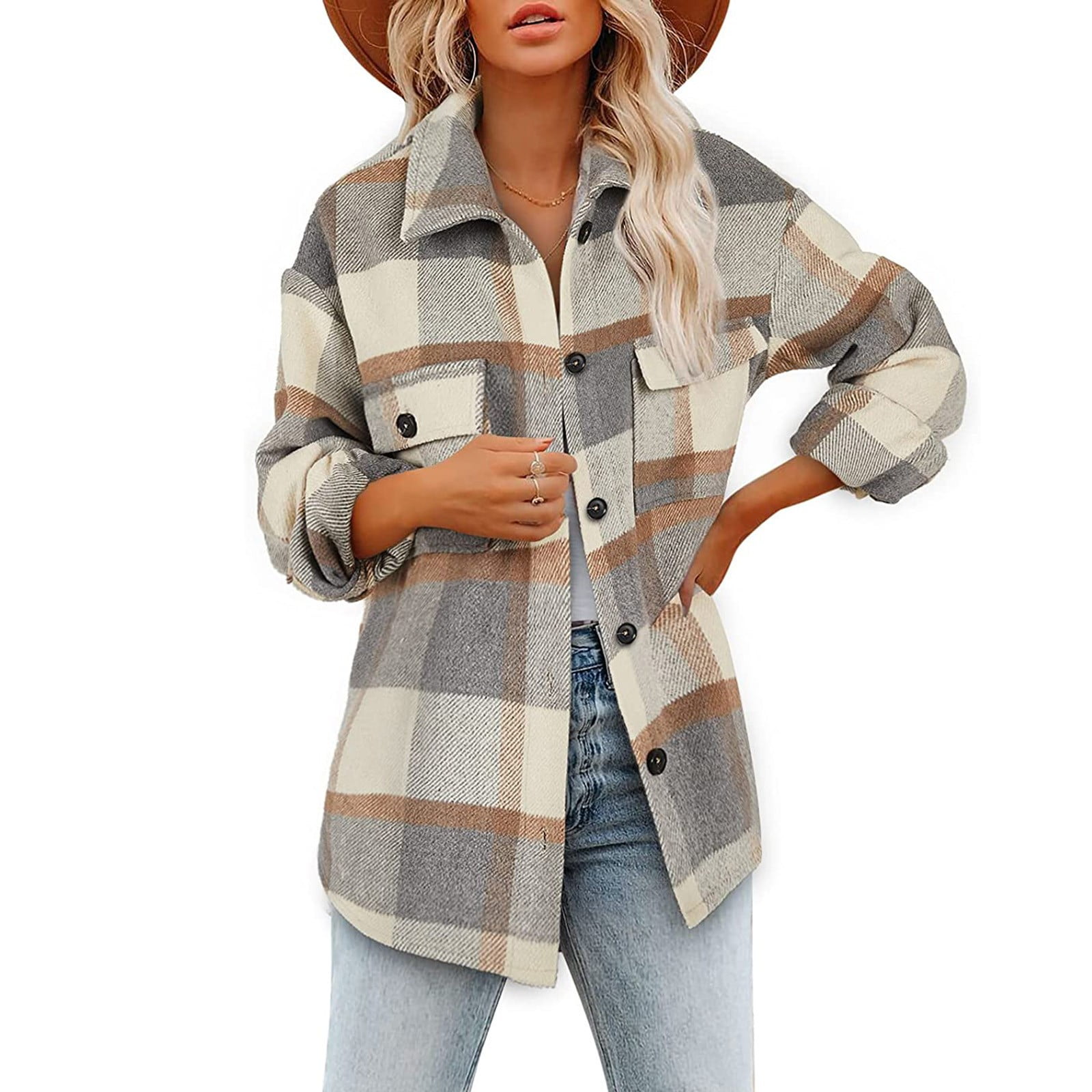 Plaid Flannel Shackets Jacket for Women Casual Wool Blend Lapel