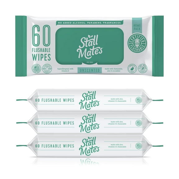Wipes: Flushable Wipes | 60-Wipe Home Pack | Hypoallergenic | Unscented with Vitamin-E & Aloe | (4 Pack - 240 Total)