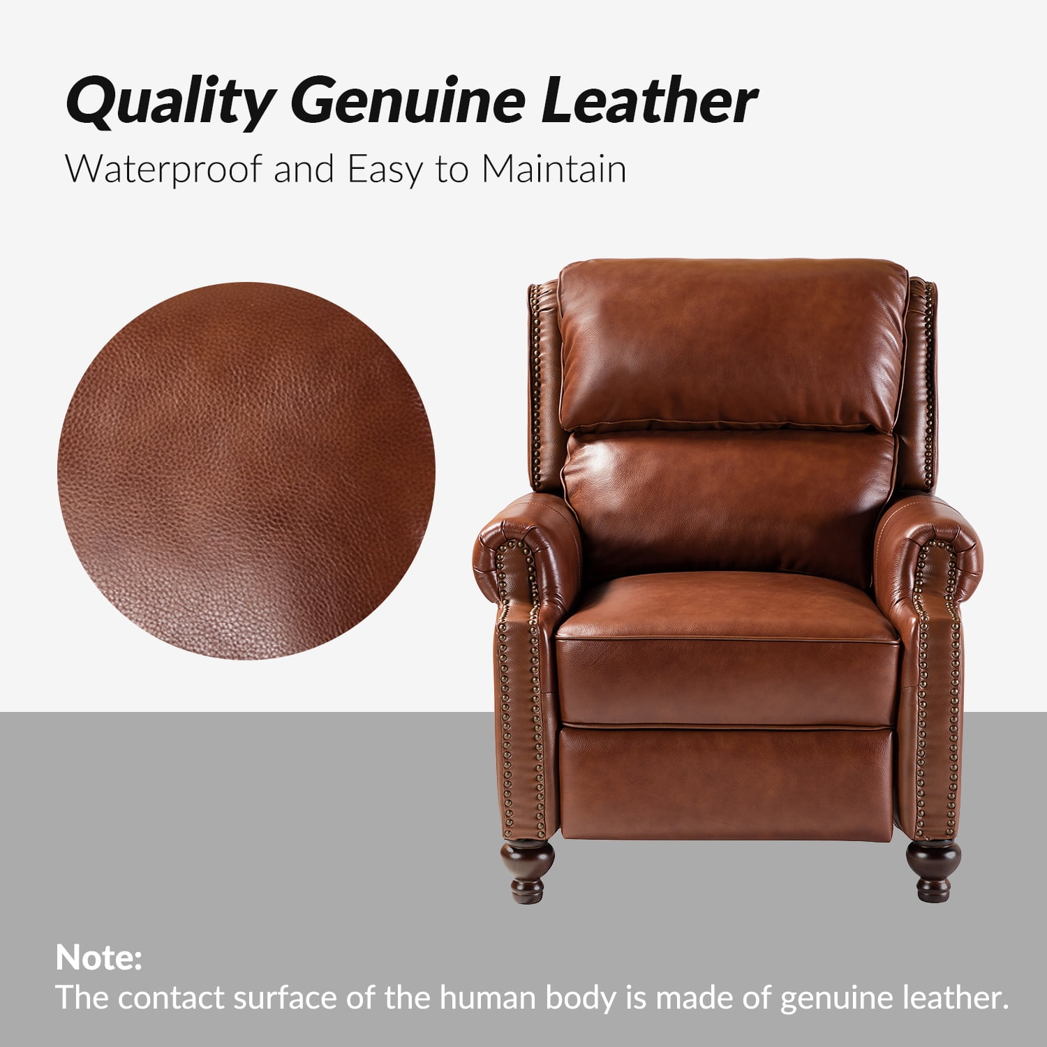 Mid Century Genuine Leather Pushback Recliner Chair with Nailhead Trim Set of 2 Brown