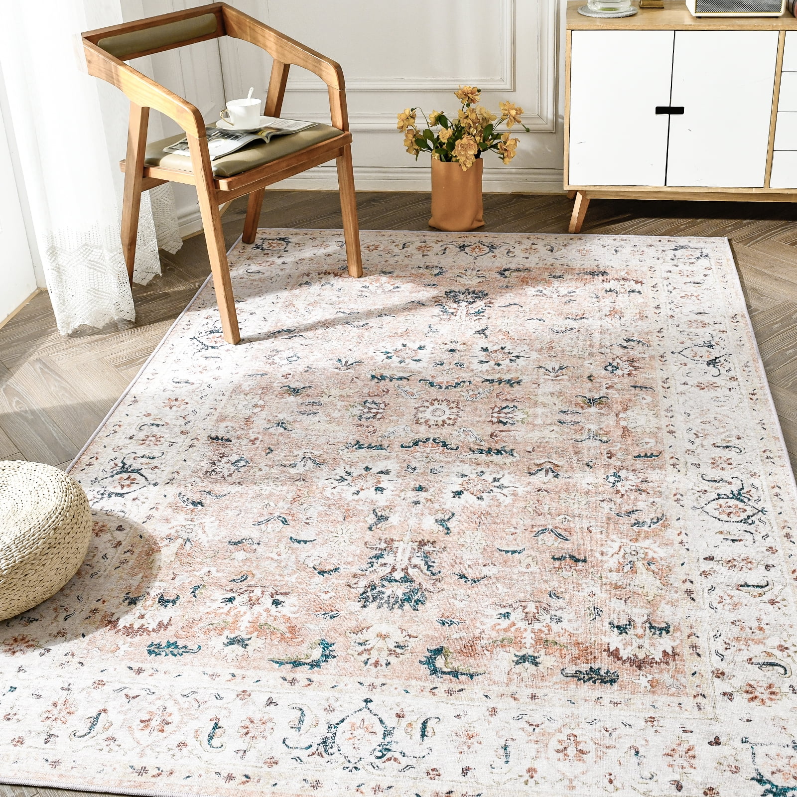 JINCHAN Oriental Area Rug 8x10 Blush Foldable Vintage Persian Carpet
