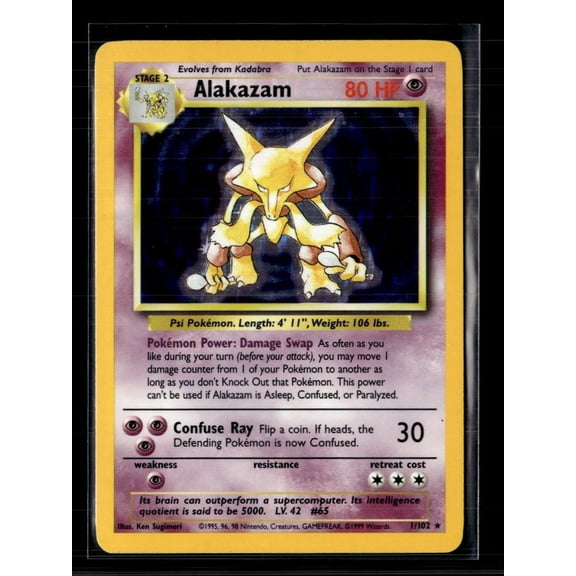 1999 Base Set Alakazam Holo Rare 1/102 English Pokémon Trading Card