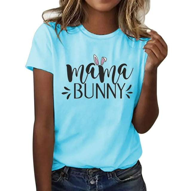 WEAIXIMIUNG T-Shirt Imprimé Lapin de Pâques pour Femmes Manches Courtes Col Rond Haut Décontracté Slim