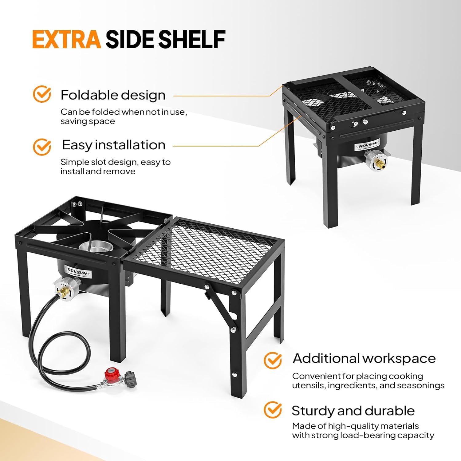 TUFFIOM 100,000 BTU Propane Stove with Foldable Side Shelf, Single Burner Gas Stove for Outdoor Cooking with Regulator, Perfect for Camping, Tailgating, Turkey Frying, Seafood Boiling & Home Brewing