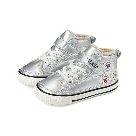 

TARANIS Toddler Kids Soft-soled Sneakers Patch Design Non-slip Thermal Lined High Top Hook-and-loop Fastener Walking Shoes For Winter New