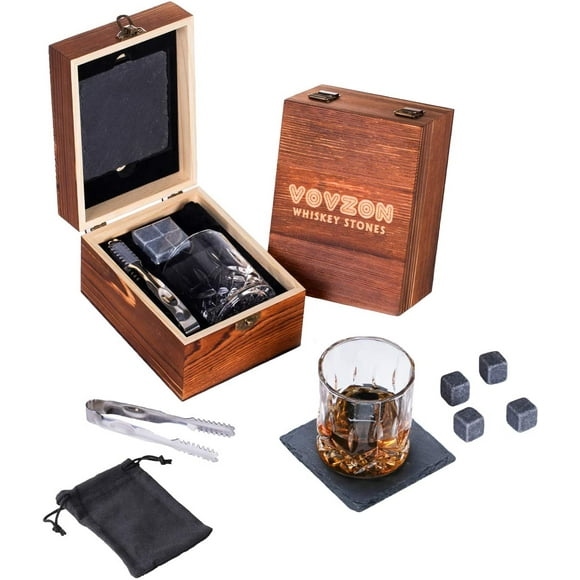 shiyou-Whiskey Stones and Glass Gift Set, 4 Chilling Whiskey Stones + Whiskey Rock Glass + Slate Coasters for Whiskey, Scotch and Bourbon, Christmas/Birthday Present for Men/Women