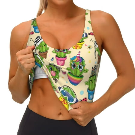 Qokaie Cute Cartoon Cactus Pattern Womens Scoop Neck Sports Bra Breathable Workout Vest Padded U Back Medium Impact Fitness Gym Yoga Bra Workout Crop Top