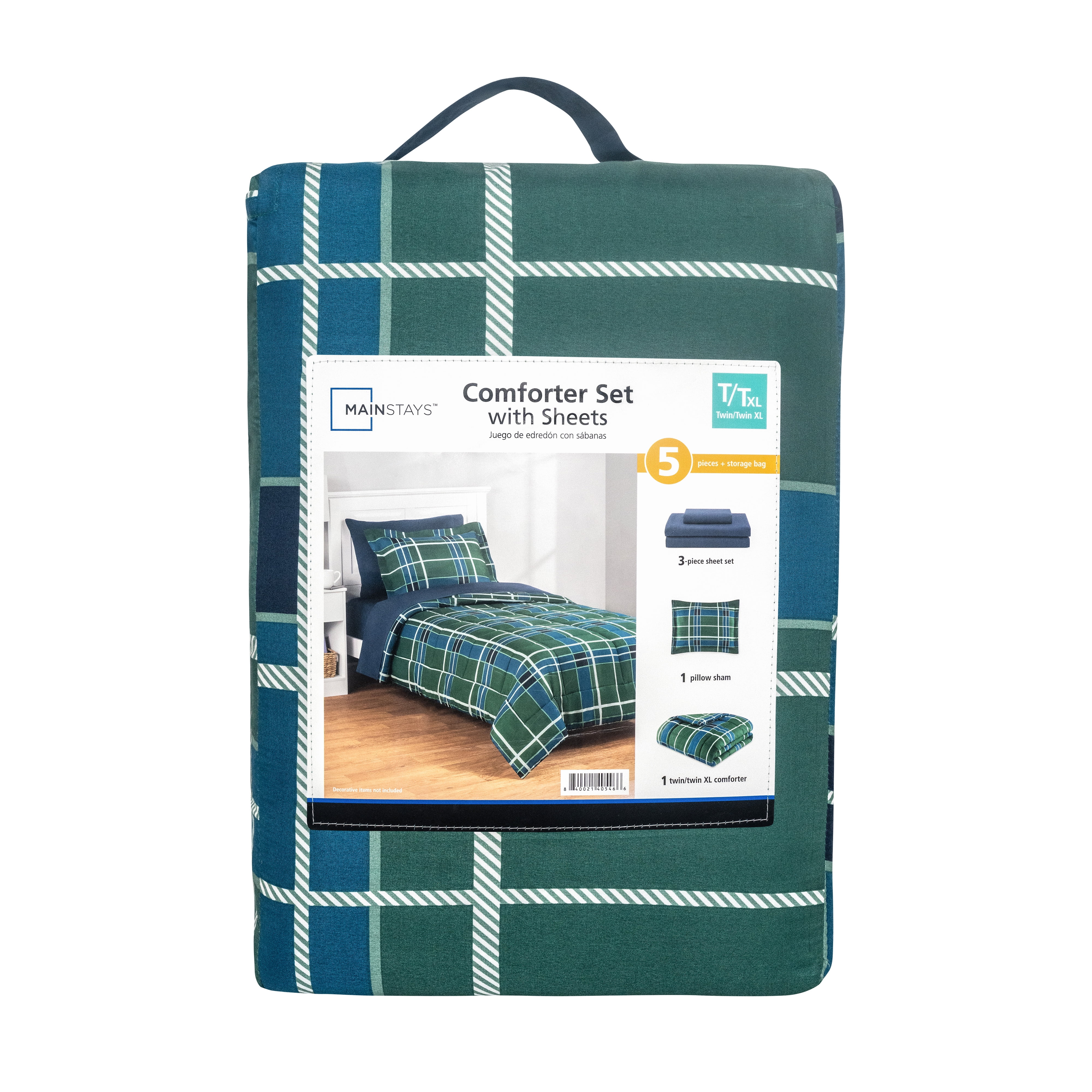 Mainstays All in One Reversible Comforter and Sheet set- 5 Piece, Twin, Green and Navy Plaid