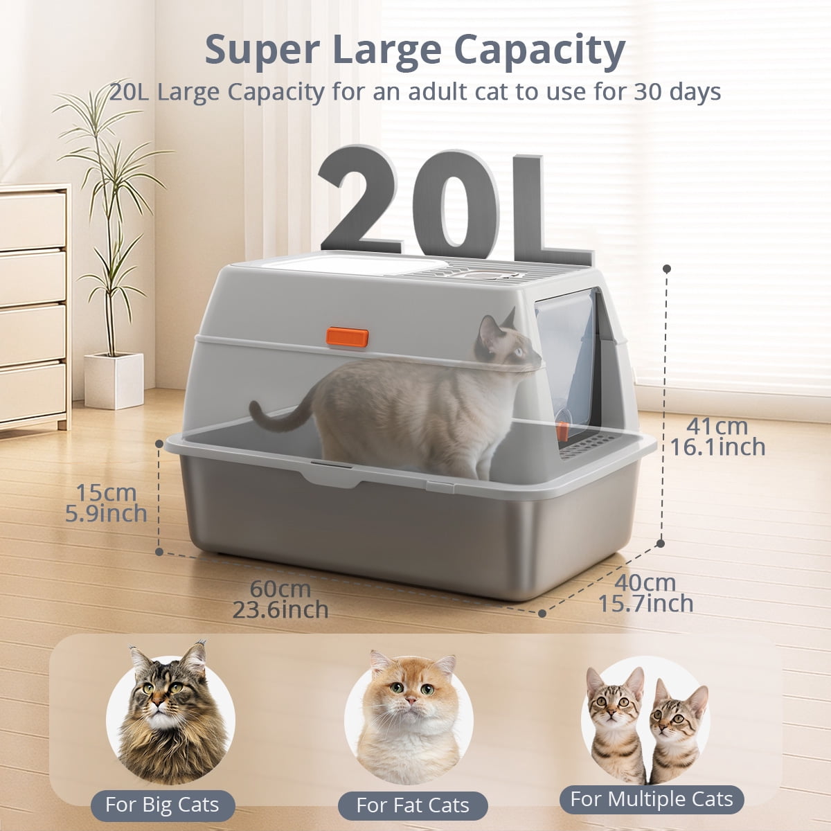3IN1 Stainless Steel Cat Litter Box with Lid, DOMIPET XL Cat Litter Pan, Enclosed Metal Litter Box with 2x Litter Scoop & Filter Pedal, Front & Top Dual Entry
