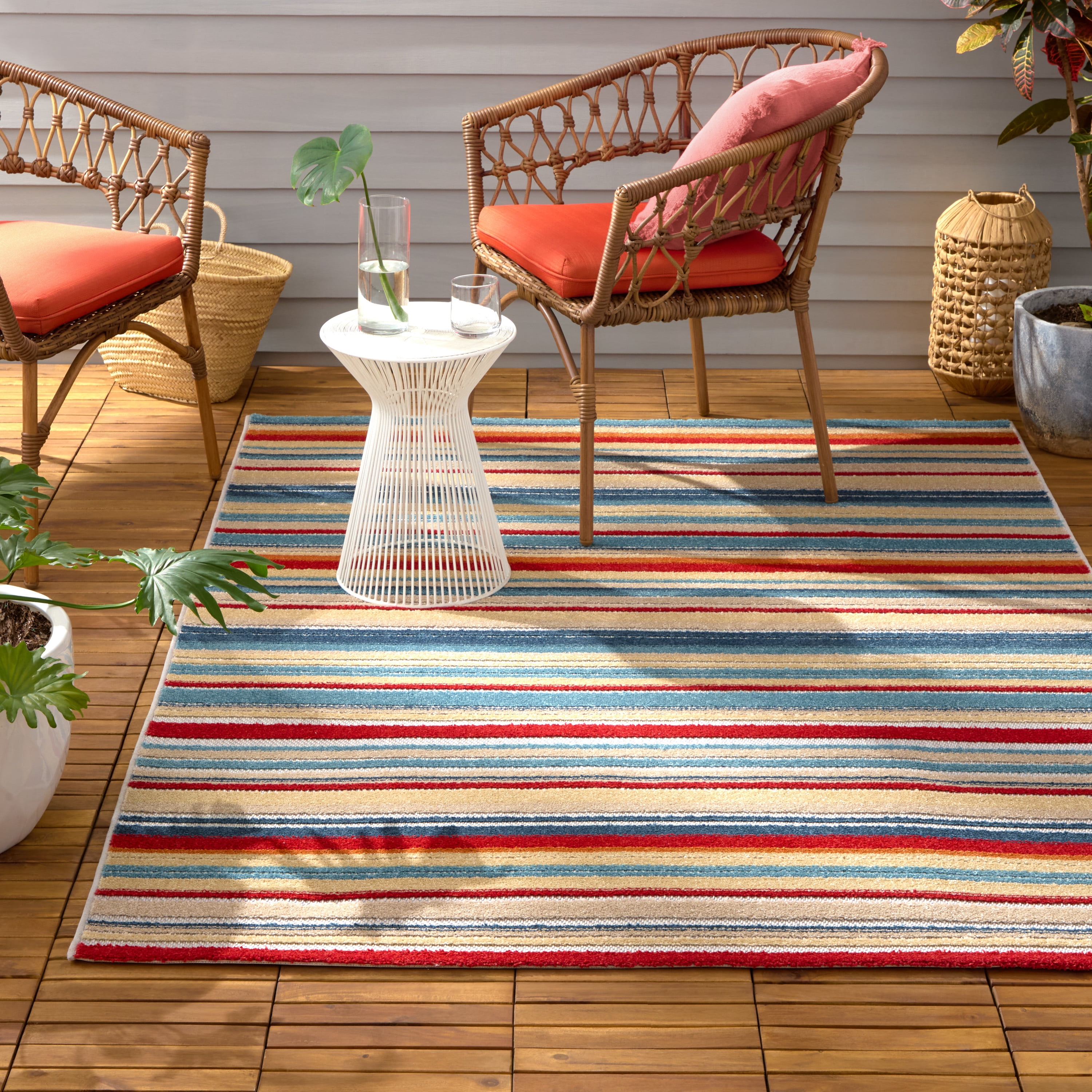 TOWN & COUNTRY EVERYDAY Rio Multicolor Stripe Indoor Outdoor Area Rug, UV Fade Resistant, High-Low Pile, Red/Mutli, 5'2"x7'2"