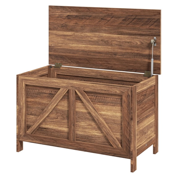 Farmhouse Storage Chest Lift Top, Entryway Organizer Box, Living Room Blanket Chest, 30" Wood Storage Cabinet, Brown Oak