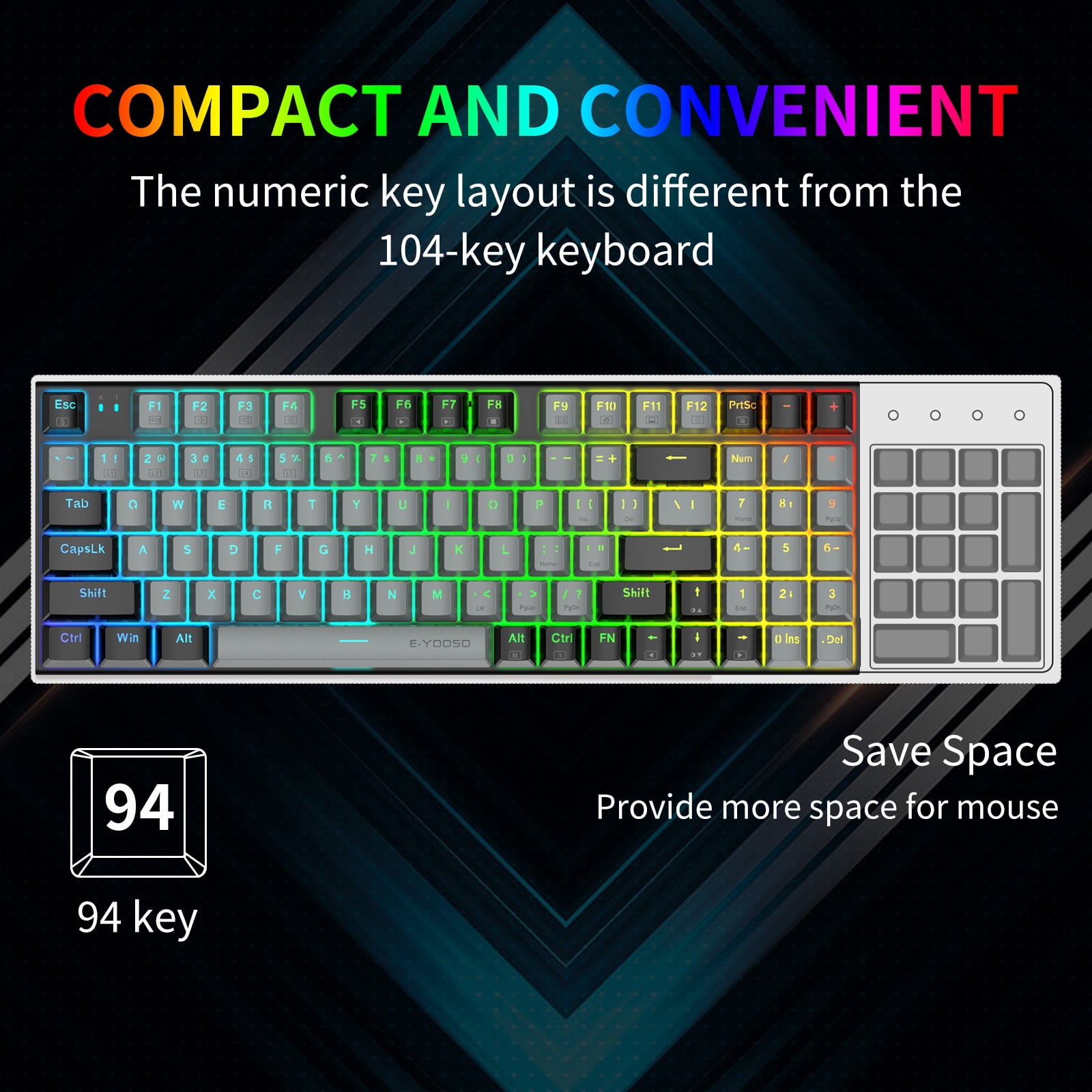 E-YOOSO Z-19 Mechanical Gaming Keyboard with Number Pad, True RGB Backlit, Hot Swappable Red Switches, Pro Software Supported, Wired Compact 94 Keys for PC/Computer/Laptop, Grey Black