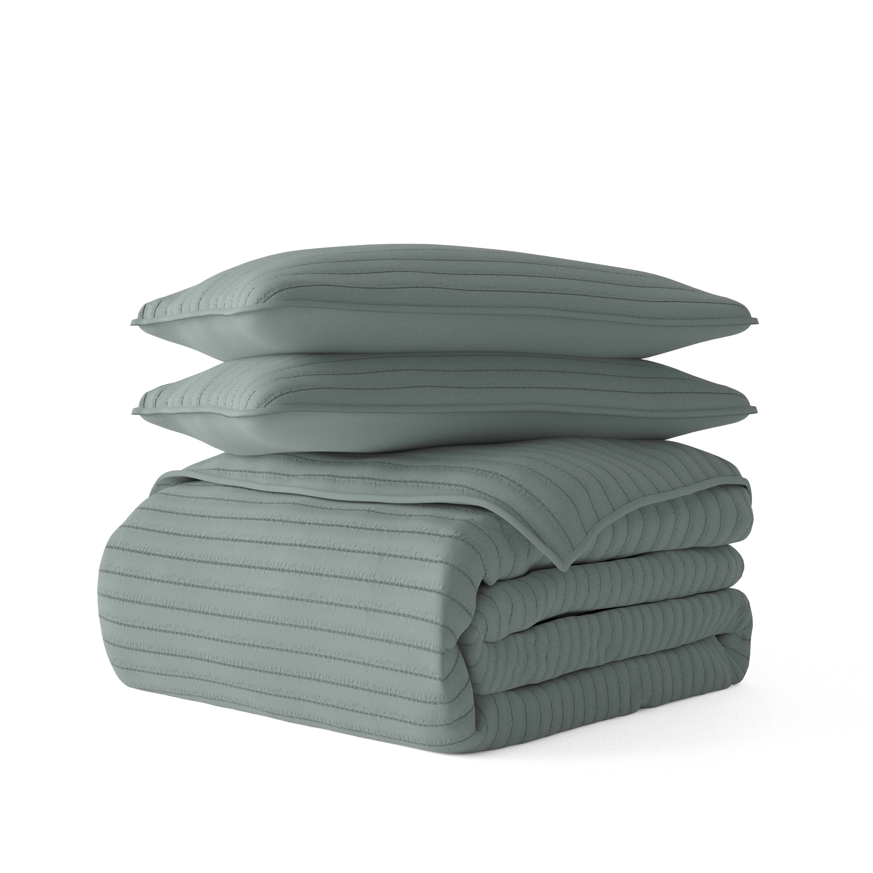 Noble Linens 3 Piece Eucalyptus Stripe Stitch Quilt Set, Queen / Full