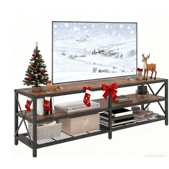 Winkalon TV Stand for TVs up to 75 Inch, Entertainment Center with Open Storage Shelves, Media Console Table with Shelf for Living Room, Bedroom, Rustic Brown