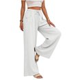thumbnail image 4 of Womens Cotton Linen Wide Leg Pants High Waisted Flowy Palazzo Pant Casual Summer Beach Vacation Outfits with Pockets, L, 4 of 8