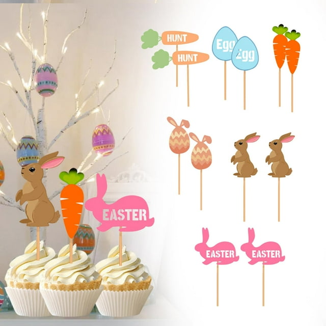 12 Pieces Easter Cupcake Toppers Cake Toppers DIY Baking Decor Cupcake Picks Multiple Shapes