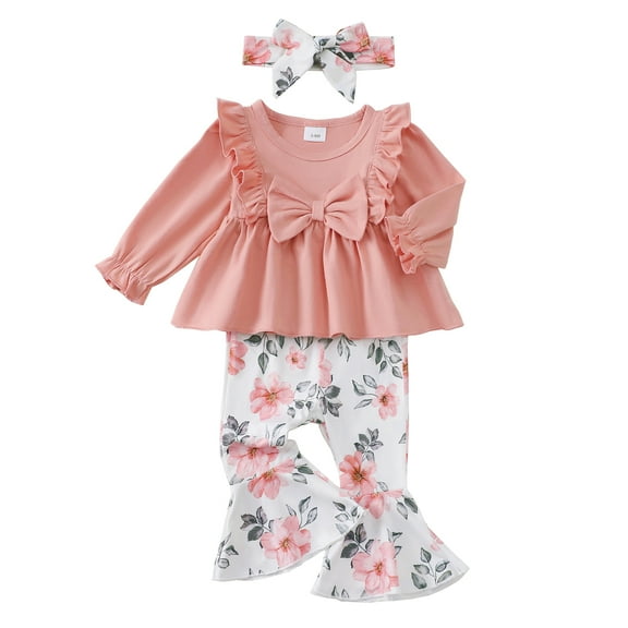 12 Months Baby Girls Clothes 18 Months Girls 3PCS Floral Outfits Set Crew Neck Toddler Girls Long Sleeve Top Pants Set with Headband Pink
