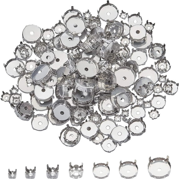 1 Box 7 Sizes 350pcs 6/8/10/12/14/16/18mm Stainless Steel Rhinestone Claw Settings Flat Round Empty Claw Set for Rhinestone Pendant Blanks Resin Jewelry Making Stainless Steel Color